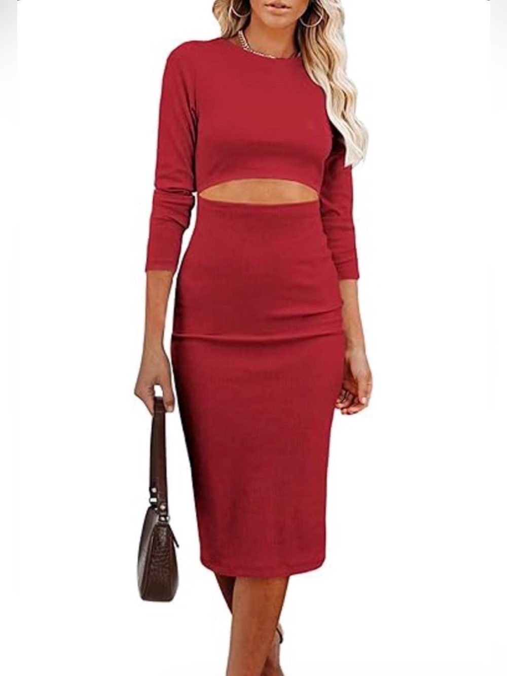 PrettyGarden Crew Neck Long Sleeve Slim Bodycon Cutout Ribbed Midi Knit Dress